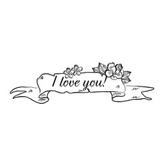 Hand drawn ribbon banner with phrase I love you isolated on white background