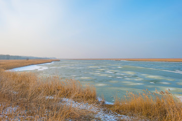Fototapeta na wymiar Shore of a frozen lake in winter 