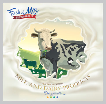 Cow, in frame from splash milk against the background of a rural landscape. Vector illustration.