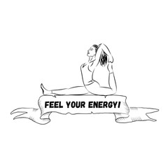 Ribbon banner with quote "Feel your energy". Woman line silhouette in yoga pose vector illustration.