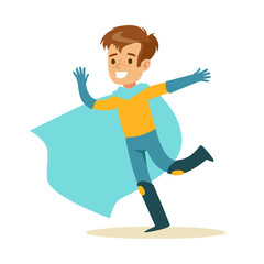 Boy Pretending To Have Super Powers Dressed In Superhero Costume With Blue Cape Running Smiling Character