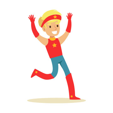 Boy Pretending To Have Super Powers Dressed In Red Superhero Costume With Headband With Star Smiling Character