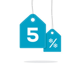 Obraz na płótnie Canvas Blue hanging price tag labels with 5% and snowflake percent design texts on them and with shadow isolated on white background. For winter sale campaigns.