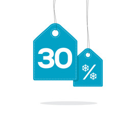 Blue hanging price tag labels with 30% and snowflake percent design texts on them and with shadow isolated on white background. For winter sale campaigns.