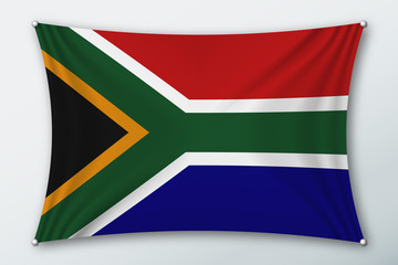 South Africa national flag. Symbol of the country on a stretched fabric with waves attached with pins. Realistic vector illustration.