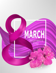 8 March Women's Day  banner with silk eight shaped ribbon, flowers and folded fabric on the background. Vector illustration