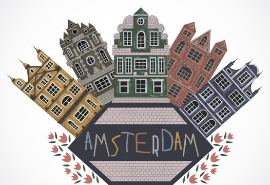 Amsterdam. Old historic buildings and traditional architecture of Netherlands. Vintage hand drawn vector illustration in watercolor style.