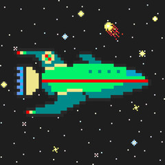 Hand drawn green and blue futuristic spaceship flying in space a