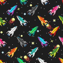 Colorful futuristic spaceships floating in deep space among the - 136919399