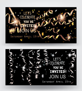 Holiday background. Invitation gold and silver cards with sparkling serpentine and star shaped confetti. Vector illustration