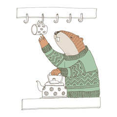  Vector Beaver in sweater in the kitchen making tea