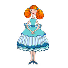 Fototapeta premium Vector cartoon girl standing in blue dress lush