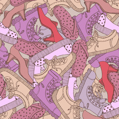 Vector seamless pattern. Different doodle shoes.