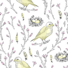 Vector seamless pattern. Spring gentle brunch with bud, feather,