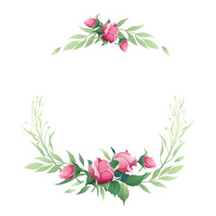 Wreath with vector roses and green leaves