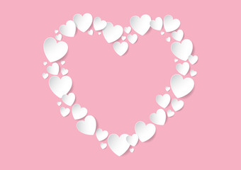 Heart with copy space flat lay with white vector paper hearts on pink background