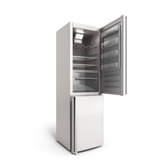 Stainless steel modern open refrigerator on white 3d illustratio