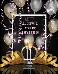 party invitation card with glasses of champagne, serpentine and air balloons. Vector illustration