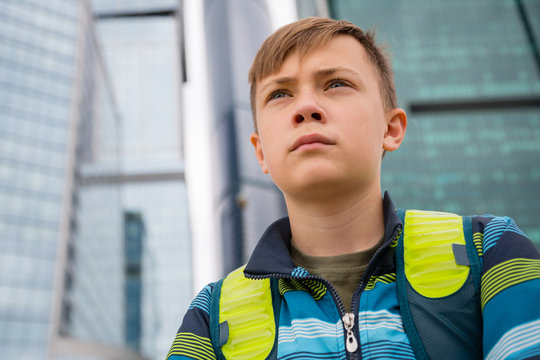 Portrait boy on a background Moscow International Business Center