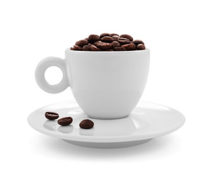 Coffee beans in coffee cup isolated on white background