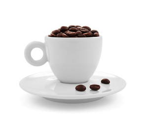 Coffee beans in coffee cup isolated on white background