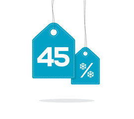 Blue hanging price tag labels with 45% and snowflake percent design texts on them and with shadow isolated on white background. For winter sale campaigns.