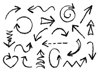Set of hand drawn charcoal fun black arrows. Hand painting design elements. Vector collection on white background
