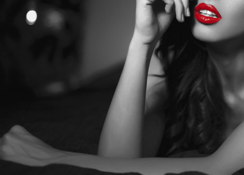 Sexy Woman With Red Lips In Selective Black And White Template