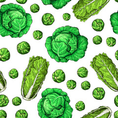 Fototapeta premium Cabbage hand drawn vector seamless pattern. Chinese cabbage, brussel sprout.