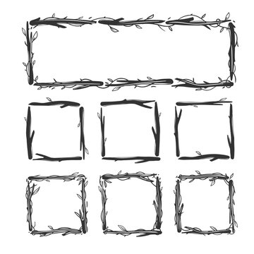 Set of floral frames with sticks and branches isolated on white. Vector floral square frames.
