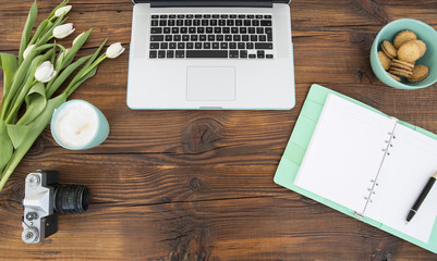 view of the desk with mint accessories