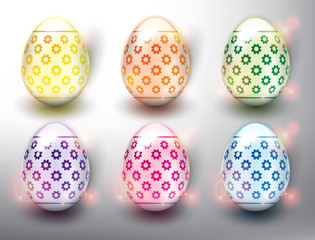 Set of 6 color Easter Eggs. Design elements for holiday cards. Easter collection. Colorful, glossy and isolated with realistic light and shadow on the light panel. Vector illustration. Eps10.