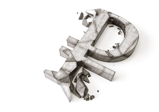 The exchange rate of russian ruble fell. 3D render image of destroyed concrete dollar sign.