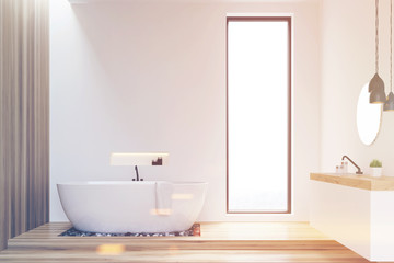 Fototapeta na wymiar White and wooden walls bathroom, toned