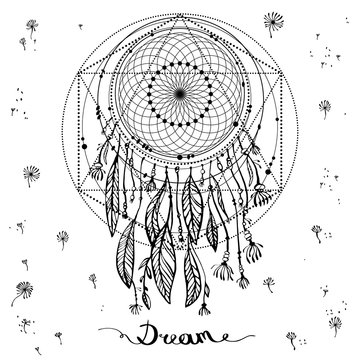talisman dreamcatcher with feathers. Vector hipster illustration isolated on white. Ethnic design, boho chic, tribal symbol. Coloring book for adults. inscription dream. Vector illustration