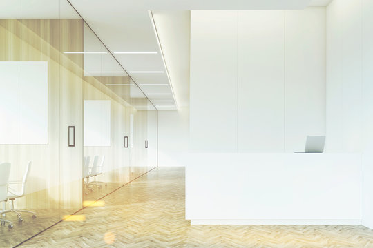 Company corridor with reception and glass, toned
