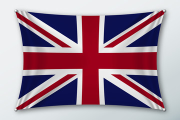 Great Britain national flag. Symbol of the country on a stretched fabric with waves attached with pins. Realistic vector illustration.