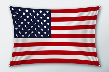 Fototapeta premium USA national flag. Symbol of the country on a stretched fabric with waves attached with pins. Realistic vector illustration.