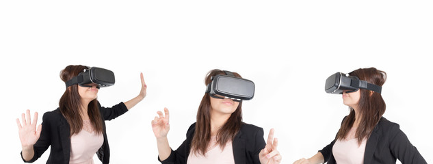 Collage, Frau mit Virtual-Reality-Brille. 