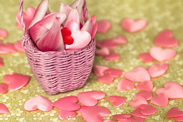 Basket Full of Love / Basket with blossom and red miniature heart on vintage green pattern with many pink hearts