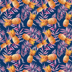 Watercolor tropic seamless pattern with golden pineapples and palm tree leaves. Modern decorative texture on blue background. Summer food wallpaper design