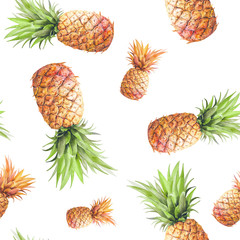 Watercolor pineapples seamless pattern. Hand drawn repeating texture with realistic pineapple on white background. Fashion summer wallpaper design