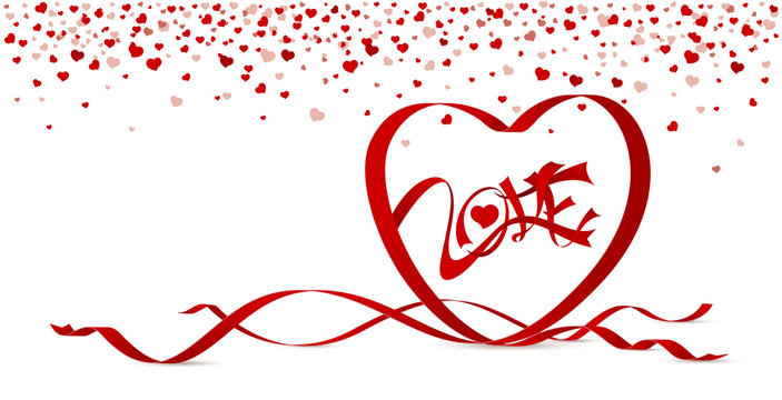 Love concept of red heart shape ribbon on white background for valentines day and wedding or other celebration