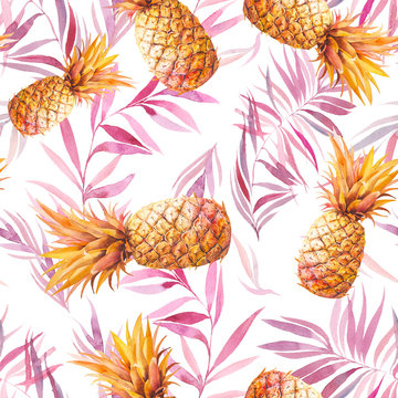 Watercolor tropic seamless pattern with golden pineapples and palm tree leaves. Modern decorative texture on white background. Summer food wallpaper design