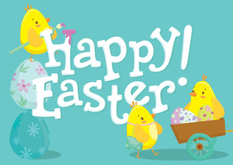 Fototapeta premium Happy Easter lettering illustration with cute chicken cartoon characters. Vector illustration.