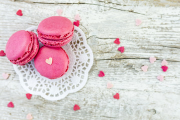 French macaroons delicious cookies for Valentine's Day with space for text.
