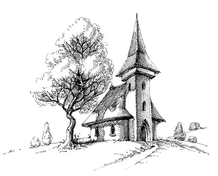Old church sketch. Artistic drawing for printing