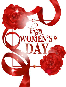 Women's Day Greeting Card  With Curly Red Ribbons And Red Carnation And Frame. Vector Illustration