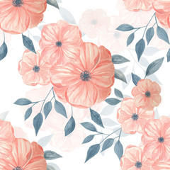 Seamless pattern with flowers and leaves. Watercolor illustration.