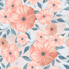 Seamless pattern with flowers and leaves. Watercolor illustration.